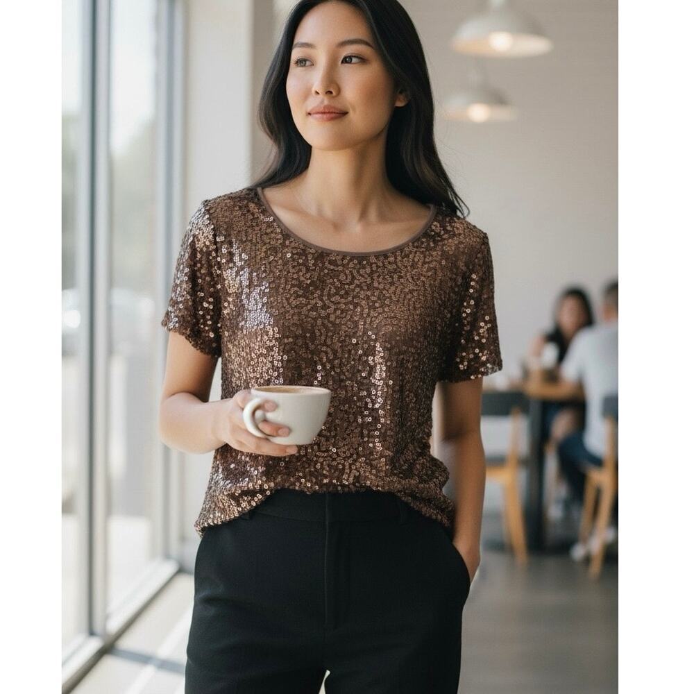 Forever 21 rose gold sequin short sleeve top sheer party shimmer